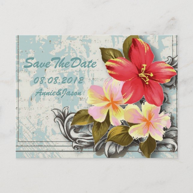 hawaii hibiscus tropical wedding save the date announcement postcard (Front)
