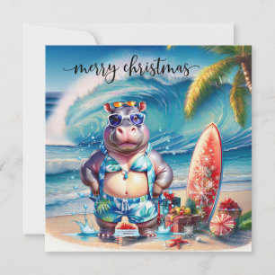 Hawaii Hippo celebrating Christmas at the beach Holiday Card