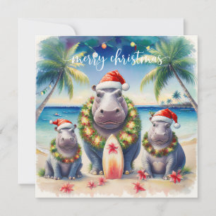 Hawaii Hippo celebrating Christmas at the beach Holiday Card