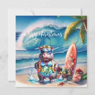 Hawaii Hippo celebrating Christmas at the beach Holiday Card
