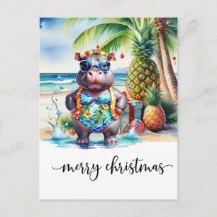 Hawaii Hippo celebrating Christmas at the beach Postcard