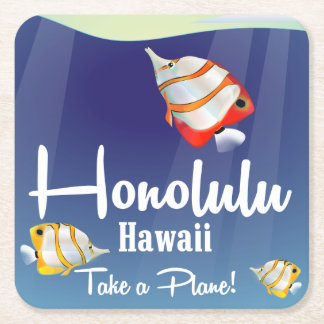 Hawaii, honolulu Cartoon travel poster. Square Paper Coaster
