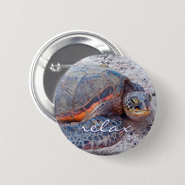 Hawaii Honu Sea Turtle Photo Relax Script Bold 6 Cm Round Badge (Front & Back)