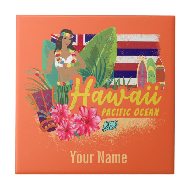 Hawaii Hula Dancer Retro Pacific Vintage Souvenir Tile (Front)