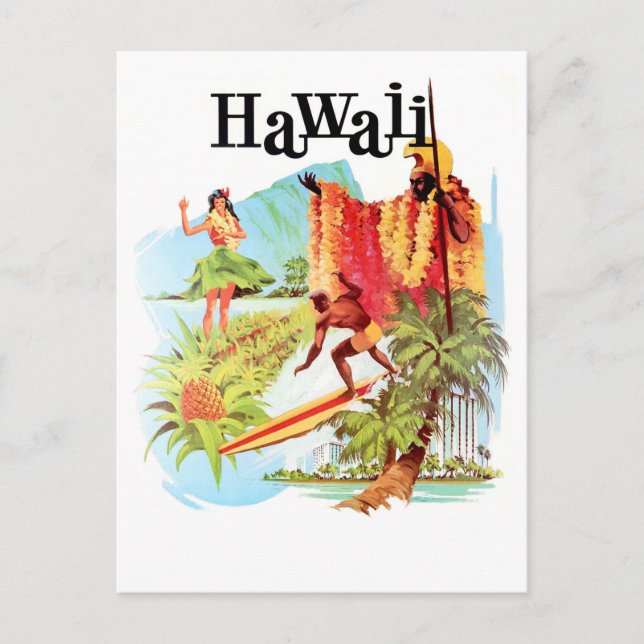 Hawaii, Hula girl and natives welcomes you to surf Postcard (Front)