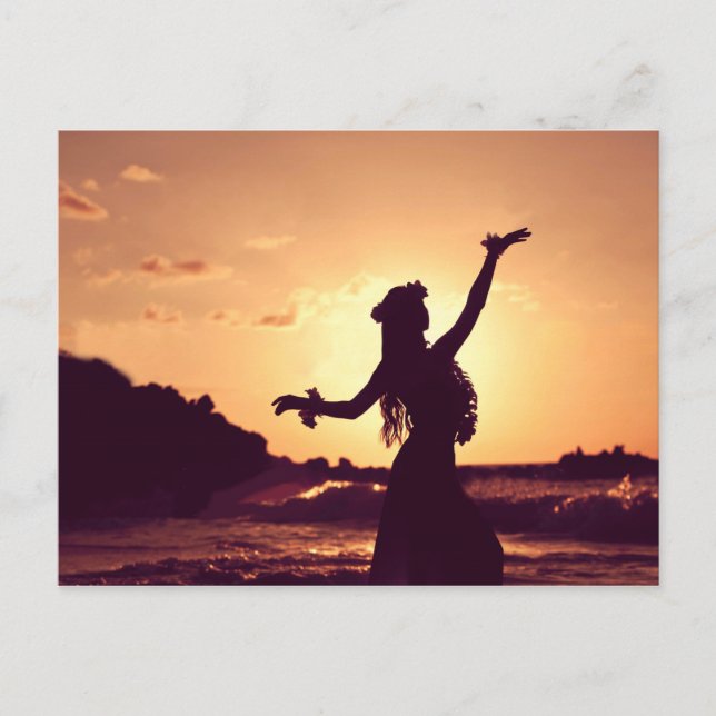 Hawaii, hula girl silhouette on sunset, photo postcard (Front)