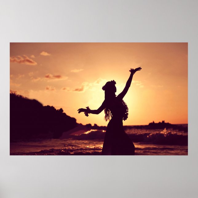 Hawaii, hula girl silhouette on sunset, photo poster (Front)