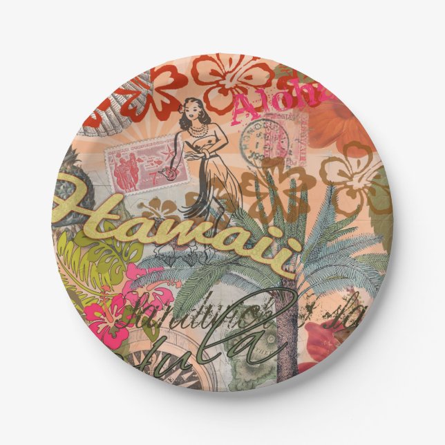 Hawaii Hula Travel Flower Vintage Paper Plate (Front)