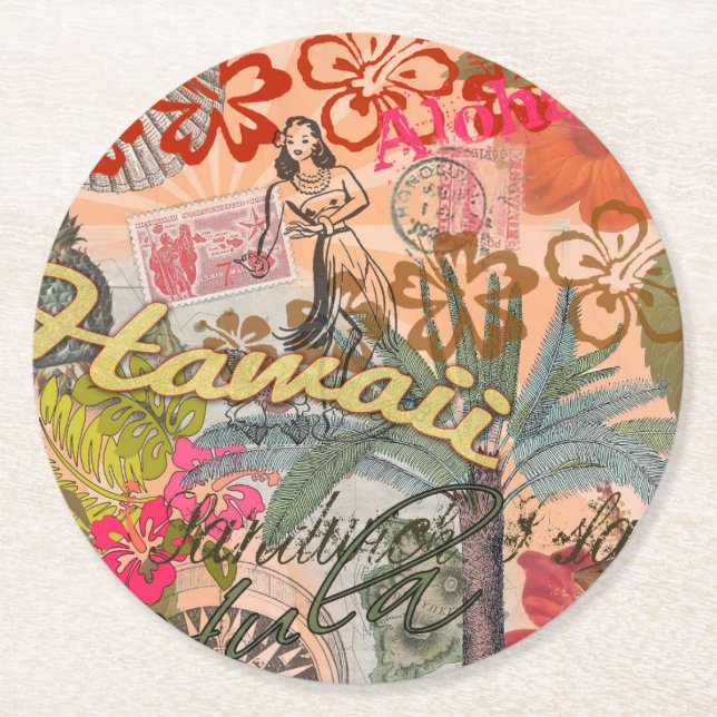 Hawaii Hula Travel Flower Vintage Round Paper Coaster (Front)
