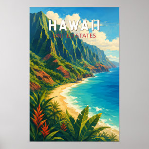 Hawaii Illustration Travel Art Vintage Poster