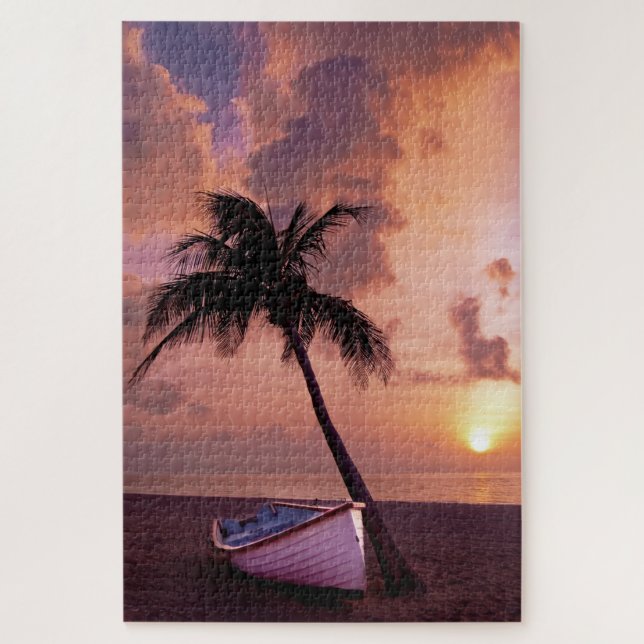Hawaii Island Travel Beach Sunset Palm Tree Boat Jigsaw Puzzle (Vertical)