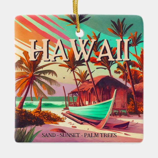 Hawaii island tropical sunset palm tree Souvenirs Ceramic Ornament (Front)