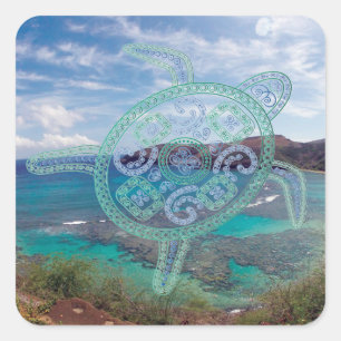 Hawaii Islands and Oahu Turtle Square Sticker