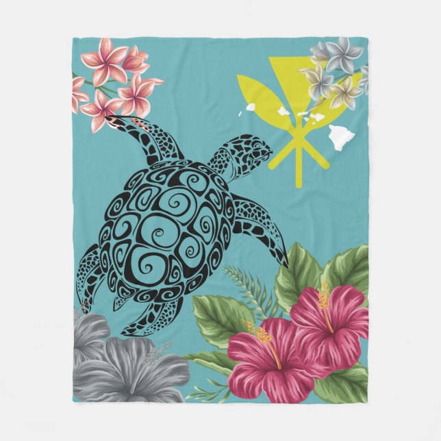 Hawaii Kanaka Turtle Hibiscus Plumeria Tropical Fleece Blanket (Front)