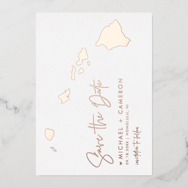 Hawaii Map Minimalist Save The Date Rose Gold  (Front)