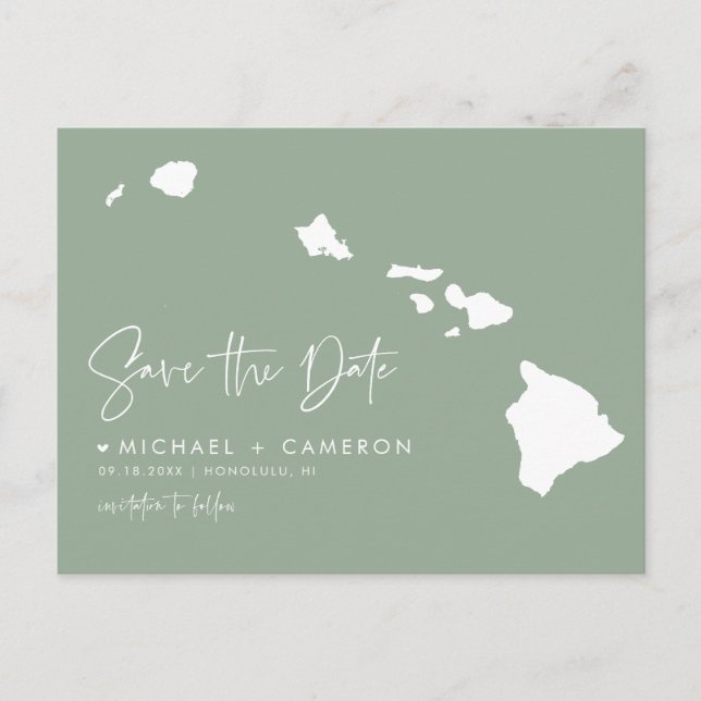 Hawaii Map Sage Green Save the Date Announcement Postcard (Front)