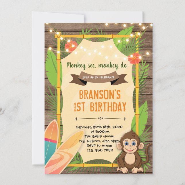 Hawaii monkey surf party Invitation (Front)