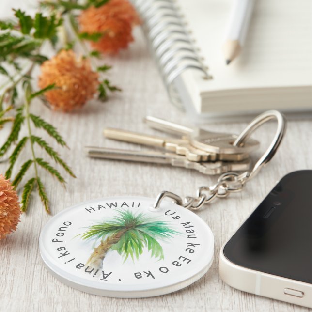 Hawaii Motto Palm Tree Watercolor Key Ring (Front Right)