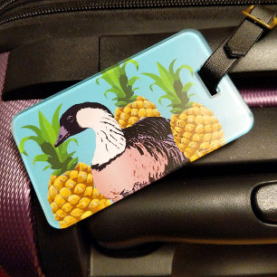 Hawaii Nene Goose State Bird & Pineapple Aqua Blue Luggage Tag