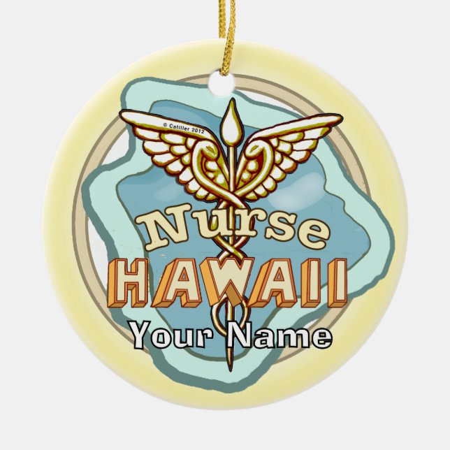 Hawaii Nurse Caduceus  Ceramic Tree Decoration (Front)