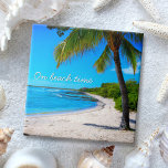 Hawaii Palm Tree Tropical Photo On Beach Time Tile<br><div class="desc">“On beach time.” Rewind back to memories of lazy, tropical beach days whenever you use this inspirational Hawaii vacation ceramic tile of a lone palm tree on a sandy, crescent beach, with clear turquoise blue skies and water. 2 sizes to choose from: 4.25” square or 6” square. Makes a great...</div>