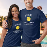Hawaii Pickleball Add Club Partner Name Custom T-Shirt<br><div class="desc">Show off your love of Hawaii pickleball (easily change state name and shirt colour) with this awesome pickleball shirt for clubs, teams, partners or everyday court wear. Just add your 3 lines of custom text to make a totally unique pickleball shirt. Great for tournaments, matching club shirts or to give...</div>