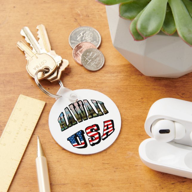 Hawaii Picture and USA Flag Text Aluminium Circle Key Ring (Desk)