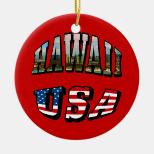 Hawaii Picture and USA Flag Text Ceramic Tree Decoration