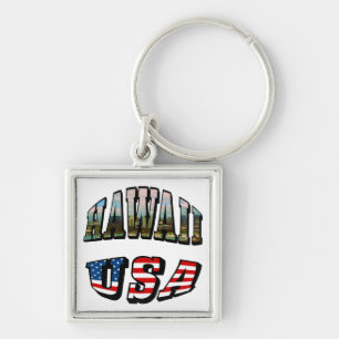 Hawaii Picture and USA Flag Text Key Ring