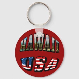 Hawaii Picture and USA Flag Text Key Ring