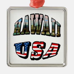 Hawaii Picture and USA Flag Text Metal Tree Decoration