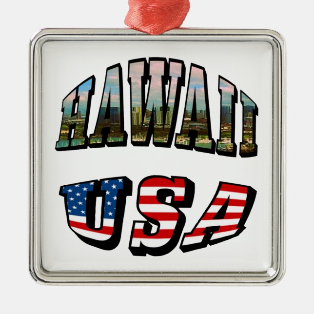 Hawaii Picture and USA Flag Text Metal Tree Decoration (Front)