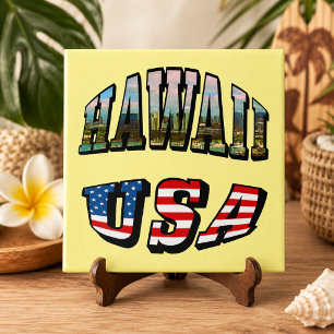 Hawaii Picture and USA Flag Text Tile