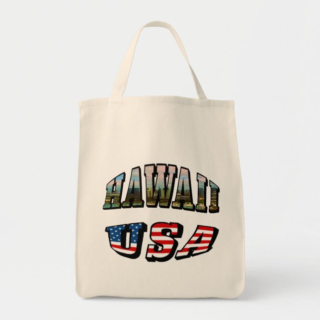 Hawaii Picture and USA Flag Text Tote Bag (Front)