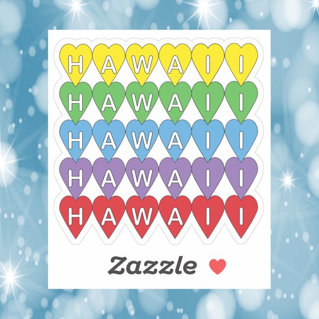 Hawaii Rainbow Hearts (A die cut sticker that says Hawaii in yellow, green, blue, purple, and red hearts.)