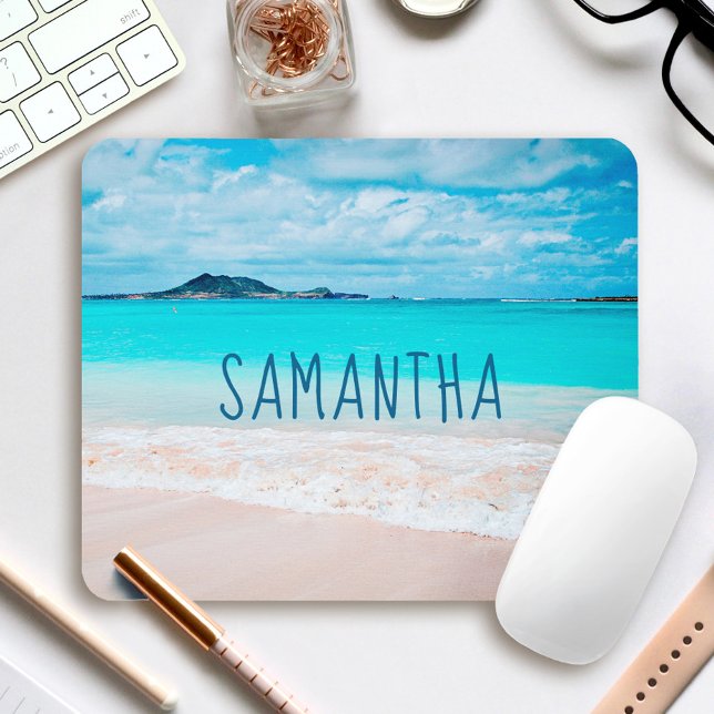 Hawaii Sandy Beach Blue Ocean Photo Custom Name Mouse Mat (Creator Uploaded)