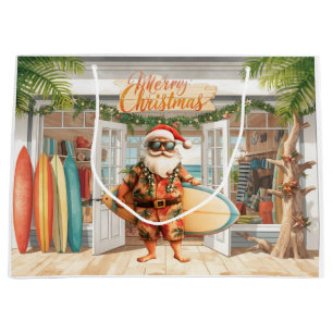 Hawaii Santa Claus is holding surf board Christmas Large Gift Bag