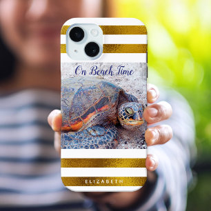 Hawaii Sea Turtle Gold White Stripes On Beach Time iPhone 15 Case