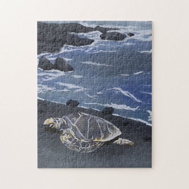 Hawaii Sea Turtle on Black Sand Beach T-Shirt Jigsaw Puzzle (Vertical)
