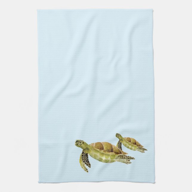 Hawaii sea turtles marine ocean watercolor tea towel (Vertical)