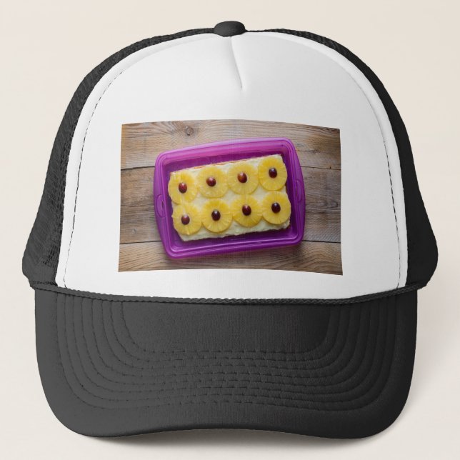 Hawaii slices with pineapple on rustic wood trucker hat (Front)