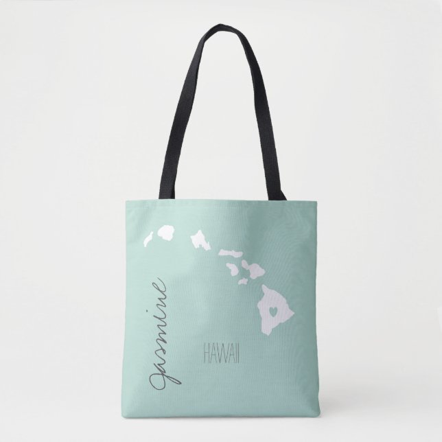 Hawaii state map with heart personalize name tote bag (Front)