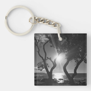 Hawaii Sunlit Trees Ocean Shore Black and White Key Ring