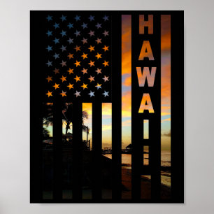 Hawaii Sunset American Flag Honolulu Hawaiian Isla Poster