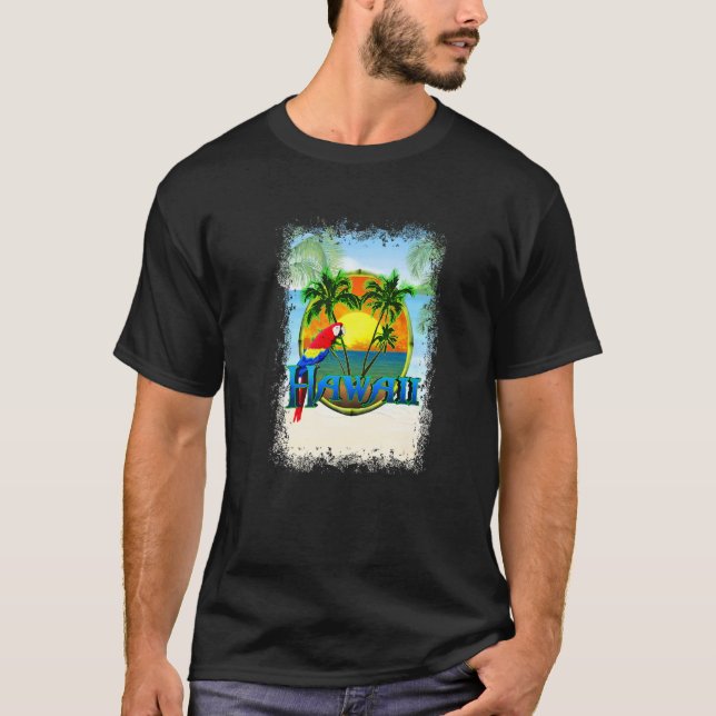 Hawaii Sunset Beach Palm Tree Parrot   T-Shirt (Front)