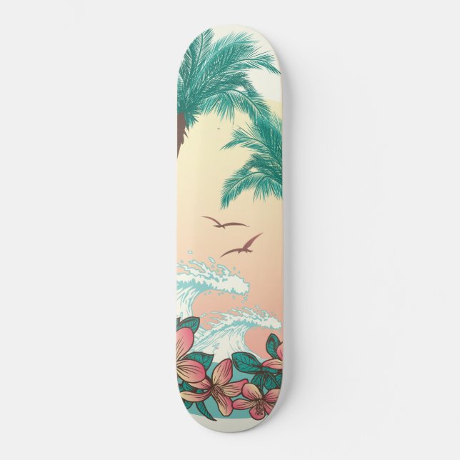 Hawaii Sunset Waves Hibiscus Flowers Palms Birds Skateboard (Front)