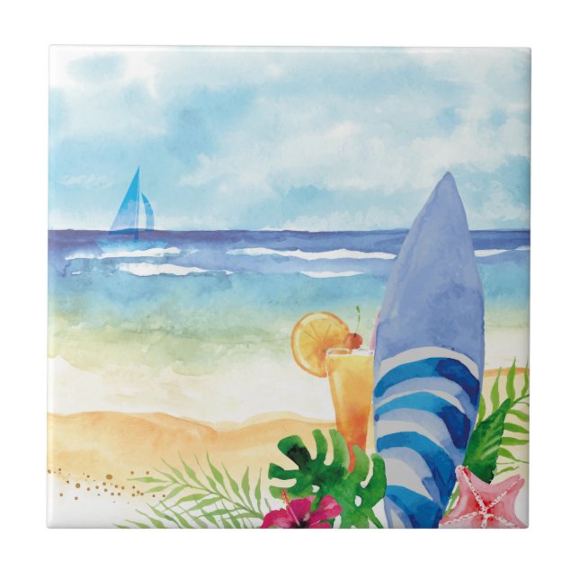 Hawaii Surf Vacation - Watercolor Art Tile (Front)