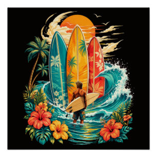 Hawaii Surfboard Wave Beach Surfer Vintage Poster
