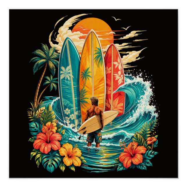 Hawaii Surfboard Wave Beach Surfer Vintage Poster (Front)