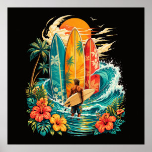 Hawaii Surfboard Wave Beach Surfer Vintage Poster